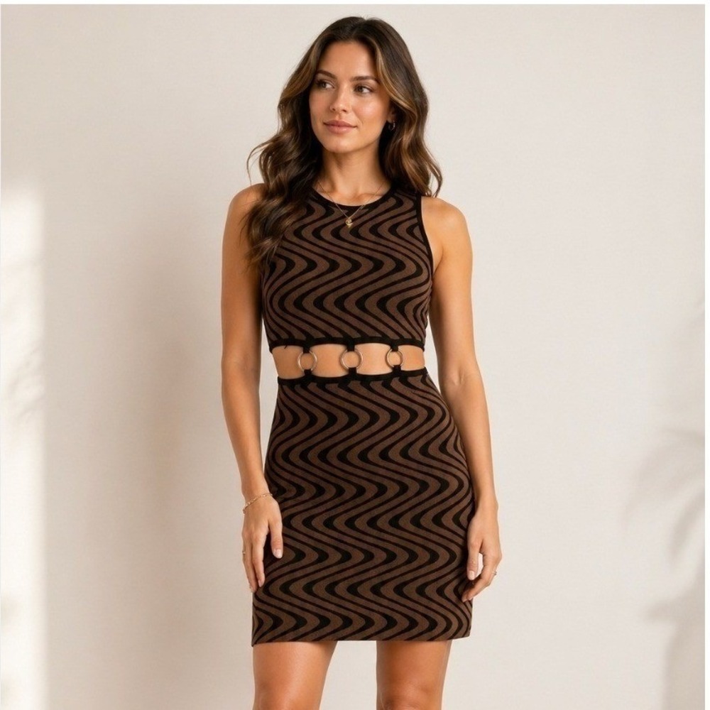 Retro 70s Mini Bodycon Dress Brown Black Wave Sleeveless Cut Out Sexy Club SMALL